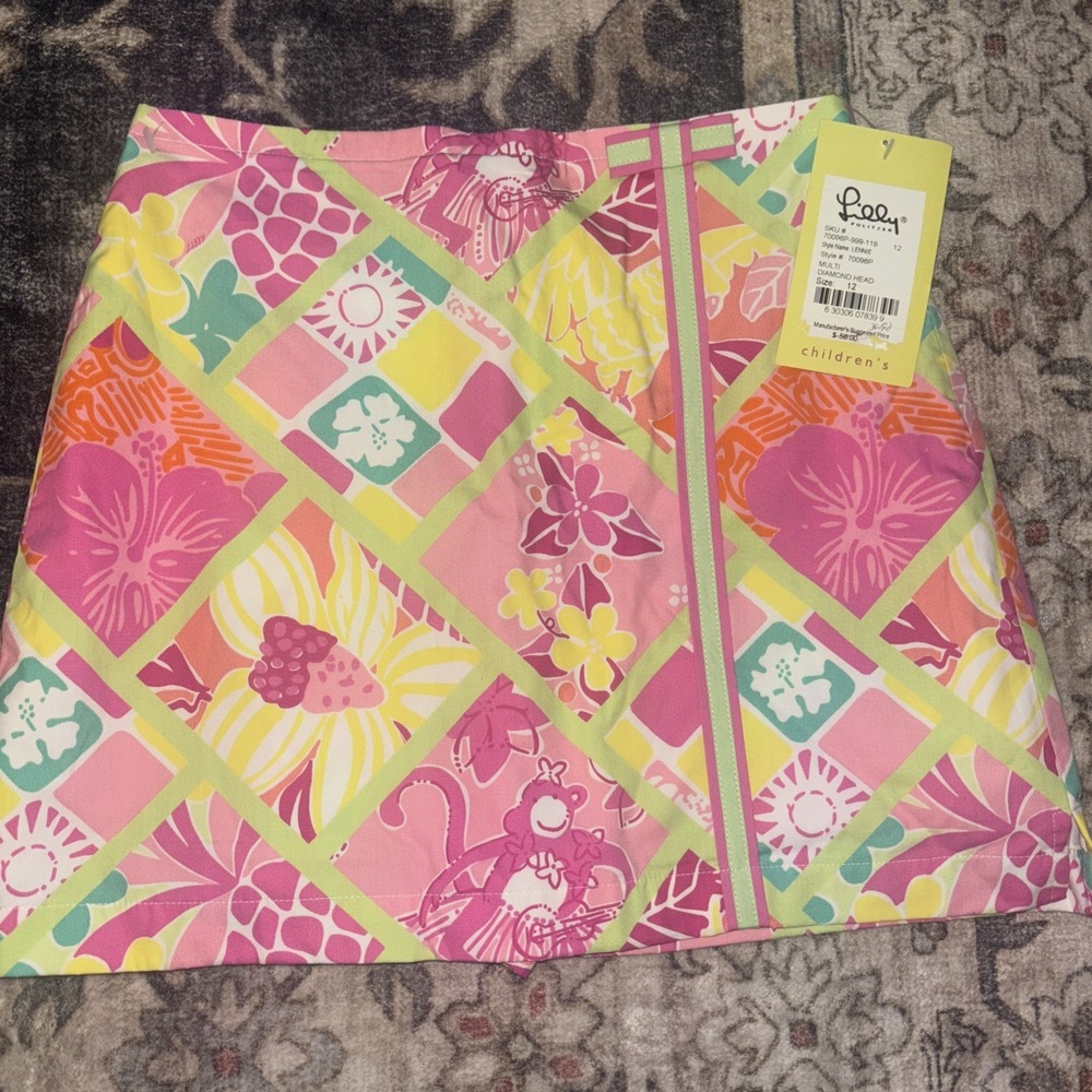 Vintage GIRLS Size 12 LILLY PULITZER PINK PATCHWORK SKORT Skirt HULA MONKEY